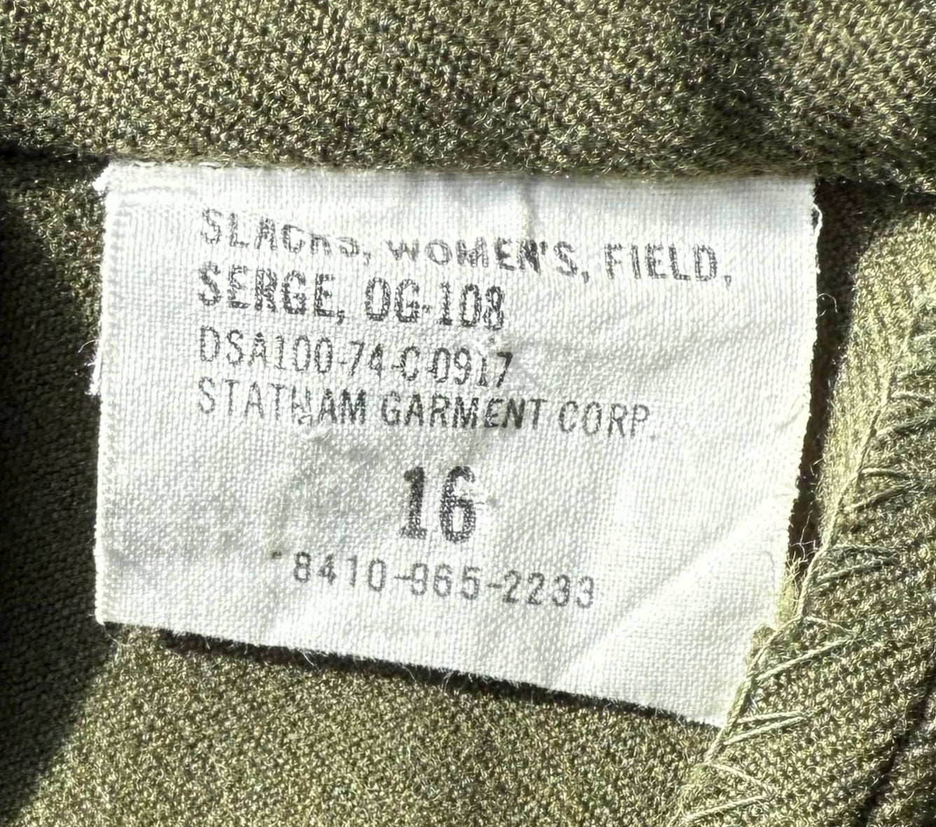 US Army OG 108 Woman's Slacks Field Serge WAC Vietnam (Size 16) Gr1 - Bateleur Militaria