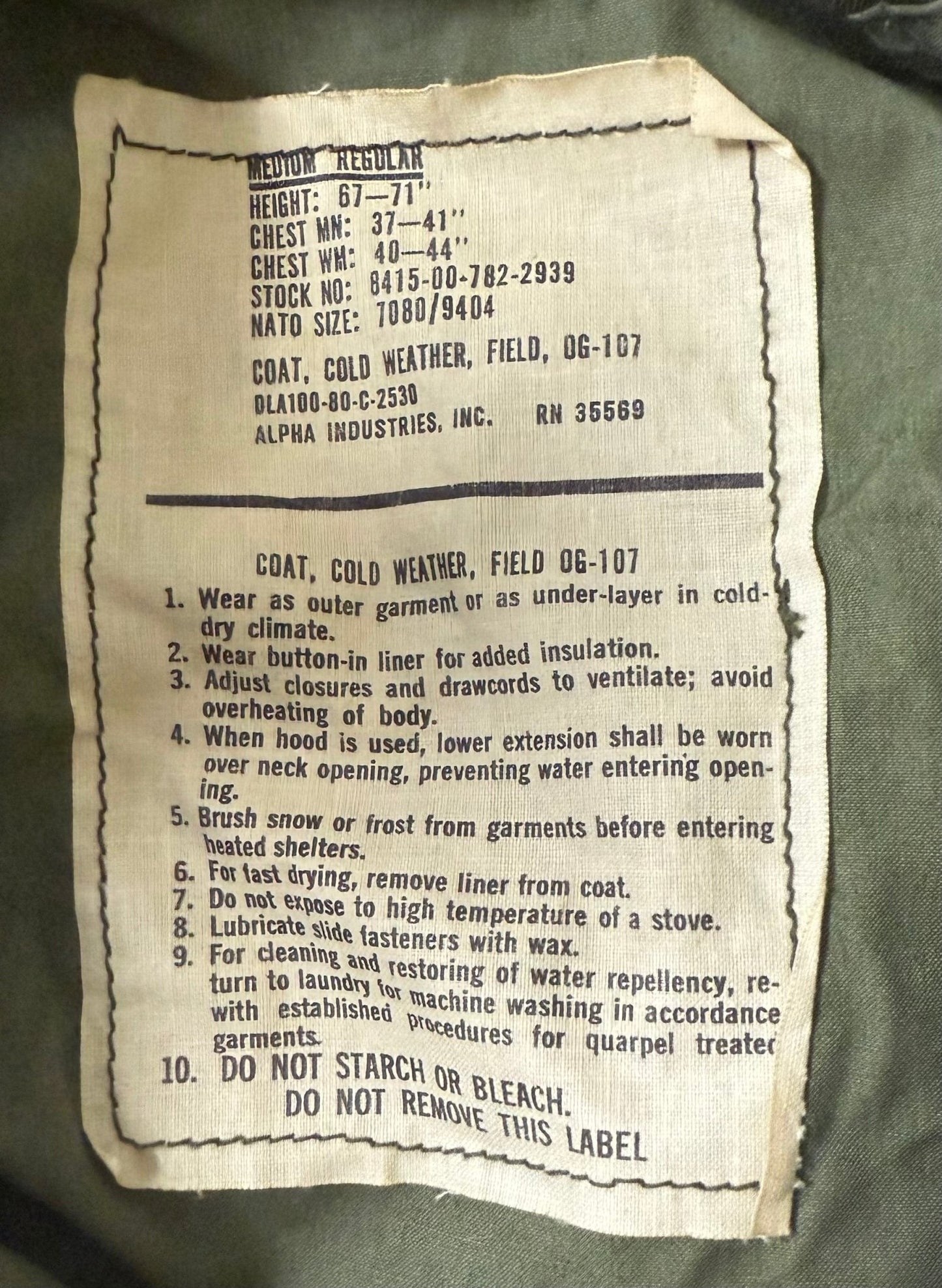 1980's US Air Force OG - 107 Cold Weather Field Jacket w/o Liner - Medium - Bateleur Militaria