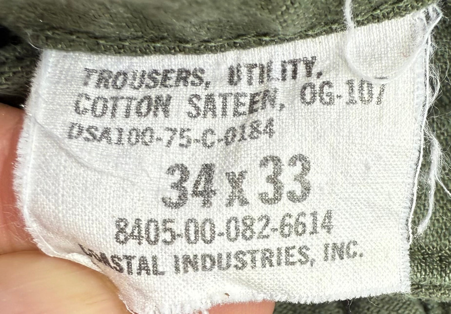 US Army Utility Trousers Sateen OG107 Vietnam Dated 1975 Size 34x33