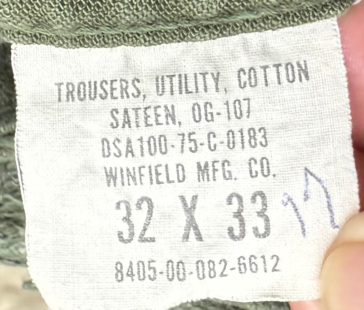 US Army Utility Trousers Sateen OG107 Vietnam Dated 1975 Size 32x33