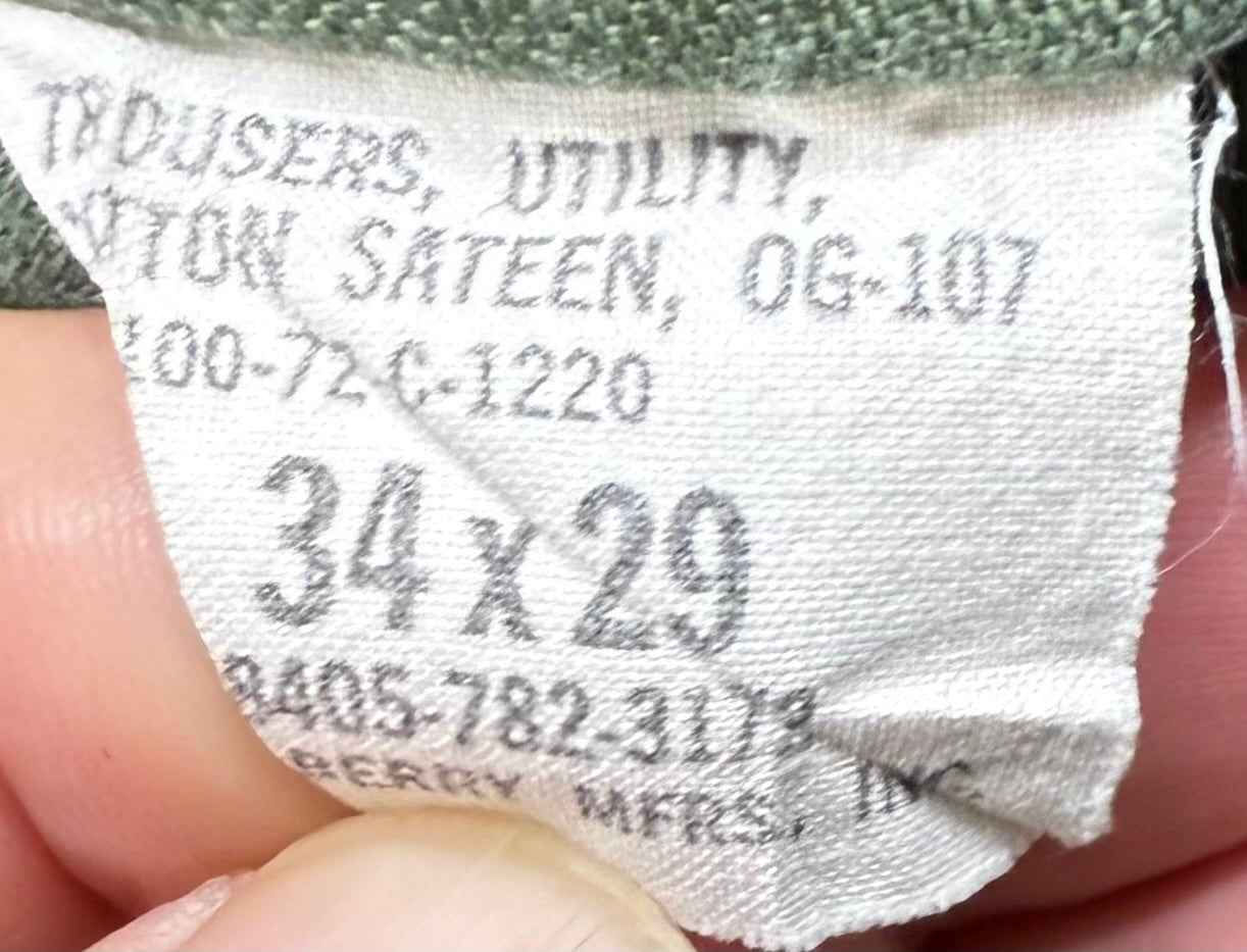 US Army Utility Trousers Sateen OG107 Vietnam Dated 1972 Size 34x29 - Bateleur Militaria