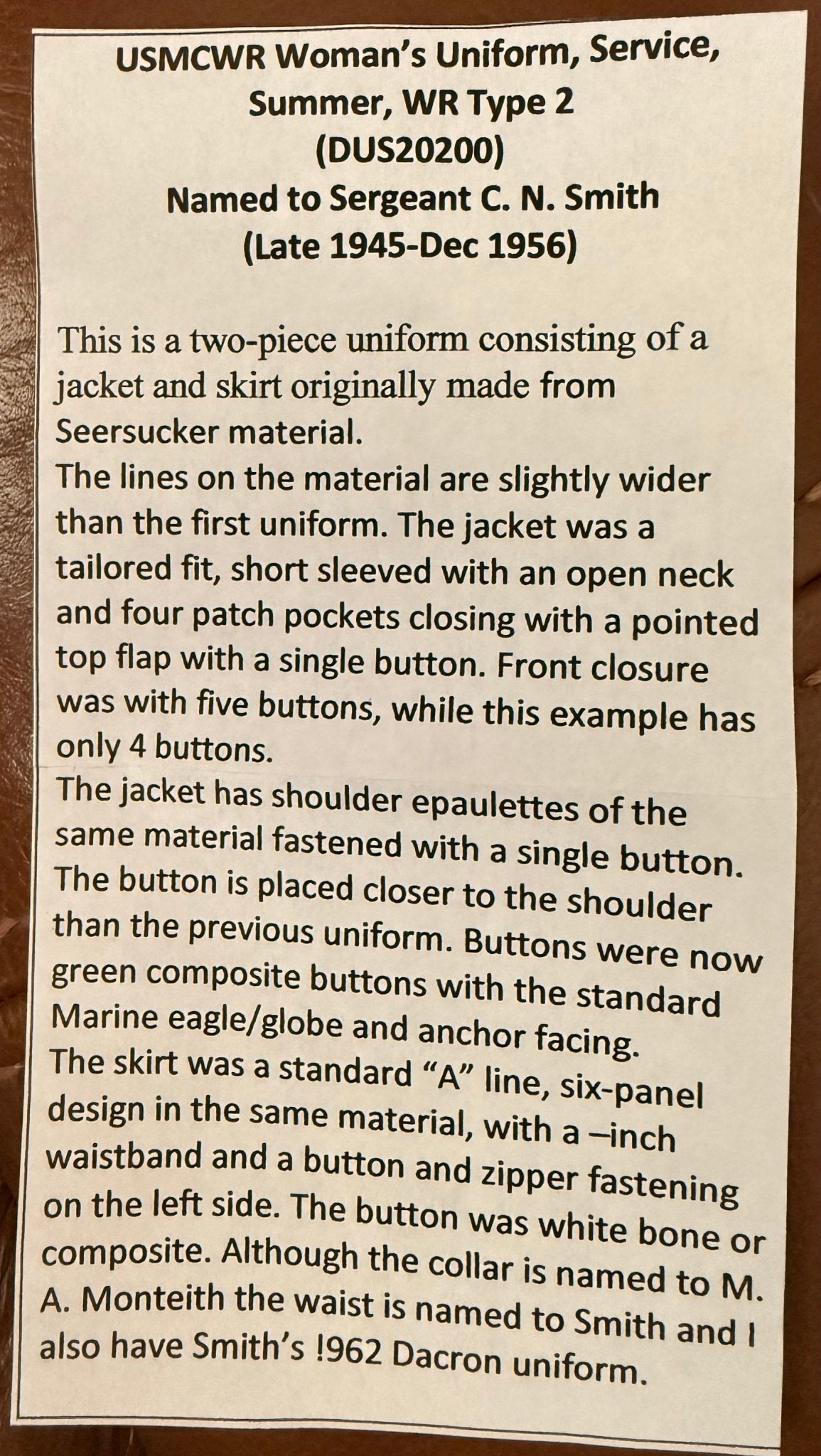 USMCWR WW2 Woman's Officer Summer Service 2-Uniform (2nd Issue) Named - Bateleur Militaria