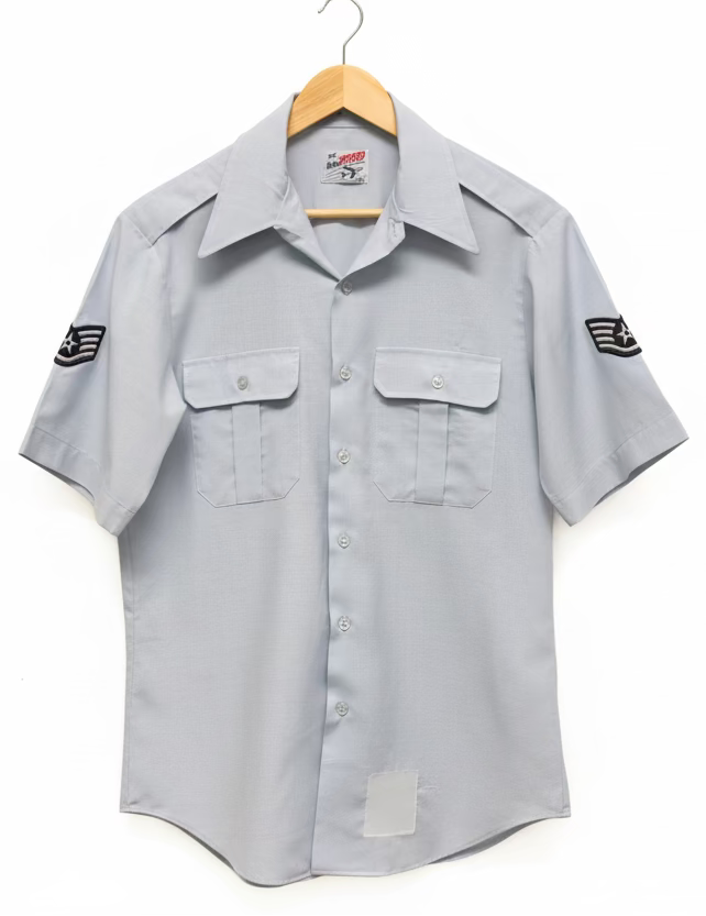 Gray short-sleeve shirt with embroidered logos on a hanger against a yellow wall.