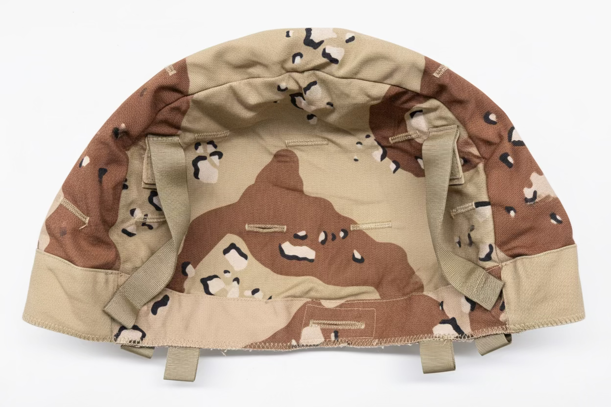 Camouflage-patterned backpack on a textured surface