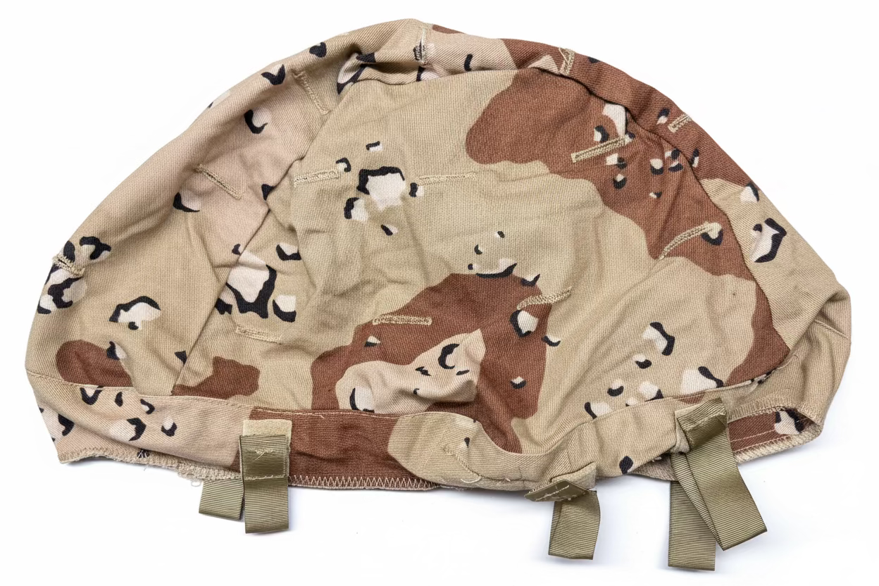 Camouflage-patterned cover with straps on a white background