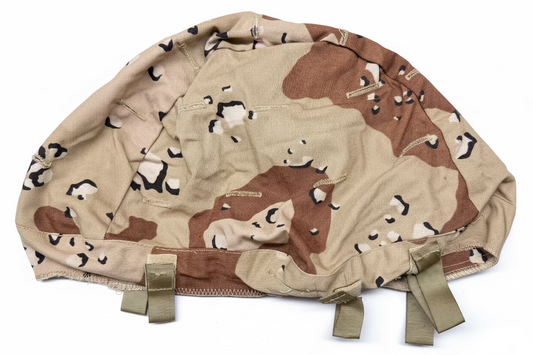 Camouflage-patterned cover with straps on a white background