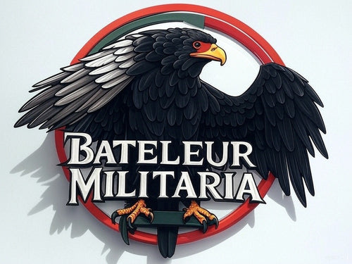 Eagle emblem with 'Bateleur Militaria' text on a white background