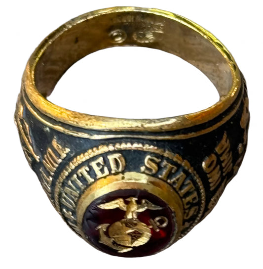 USMC 18K Ring Gold Plated w Red Stone - Bateleur Militaria