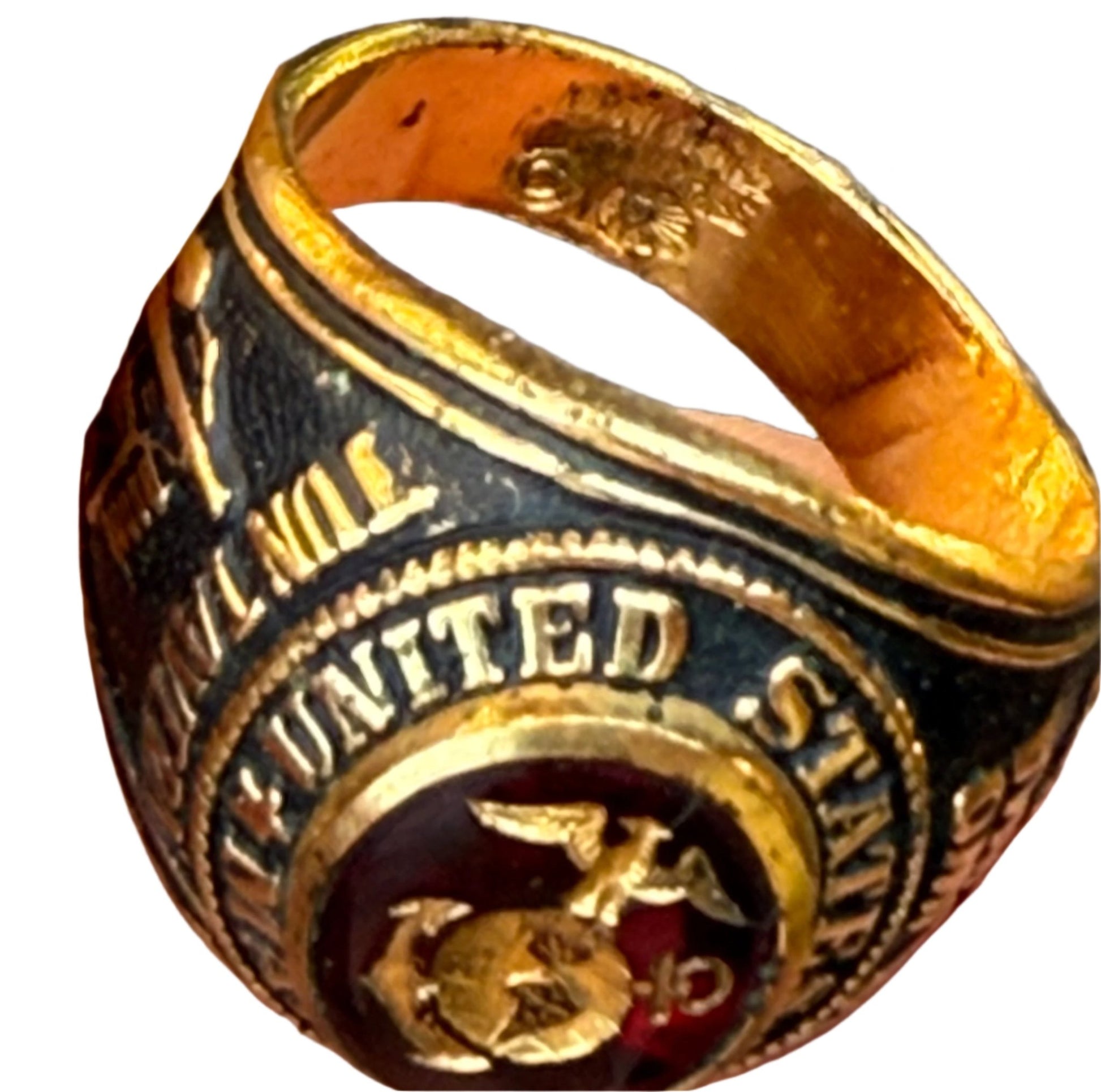 USMC 18K Ring Gold Plated w Red Stone - Bateleur Militaria