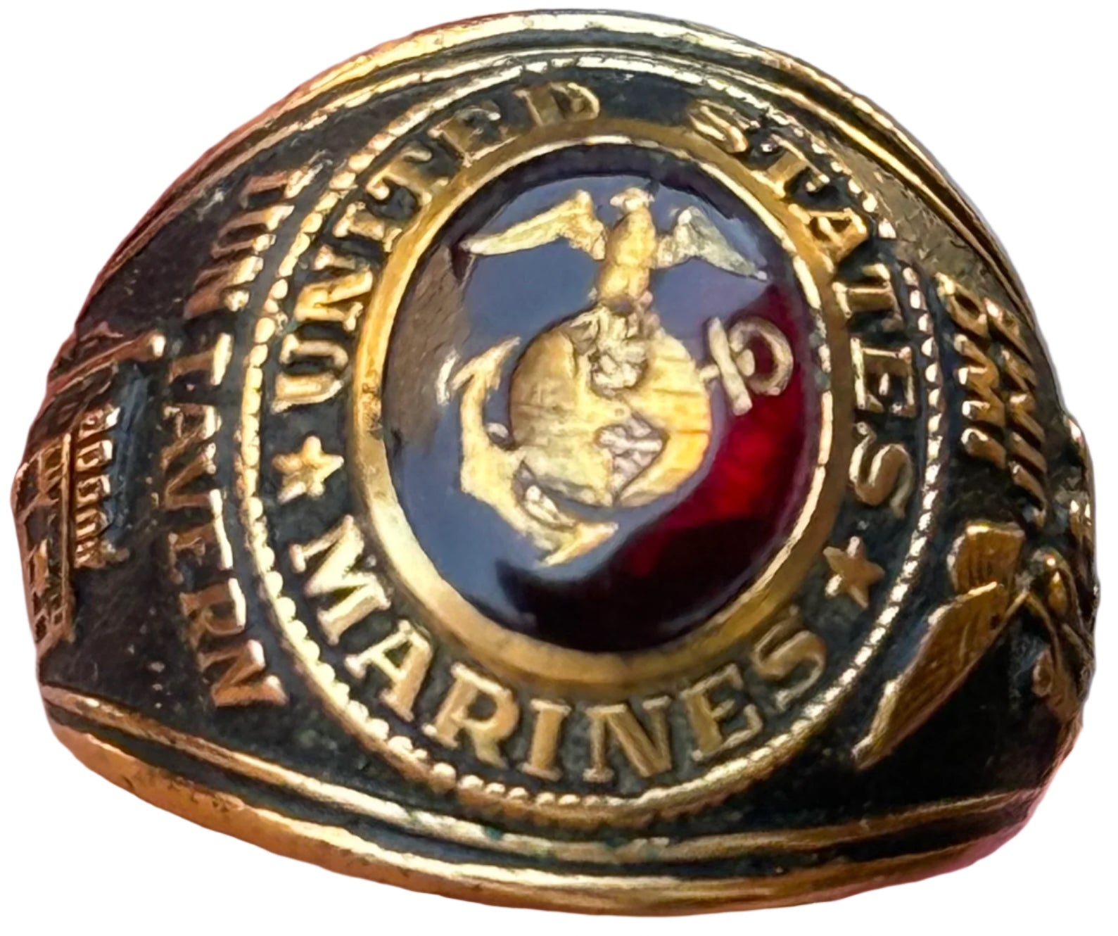 USMC 18K Ring Gold Plated w Red Stone - Bateleur Militaria