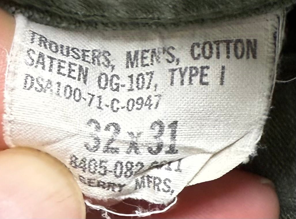 US Army Utility Trousers Sateen OG107 Type 1 Vietnam Dated 1971 Size 32x31 - Bateleur Militaria