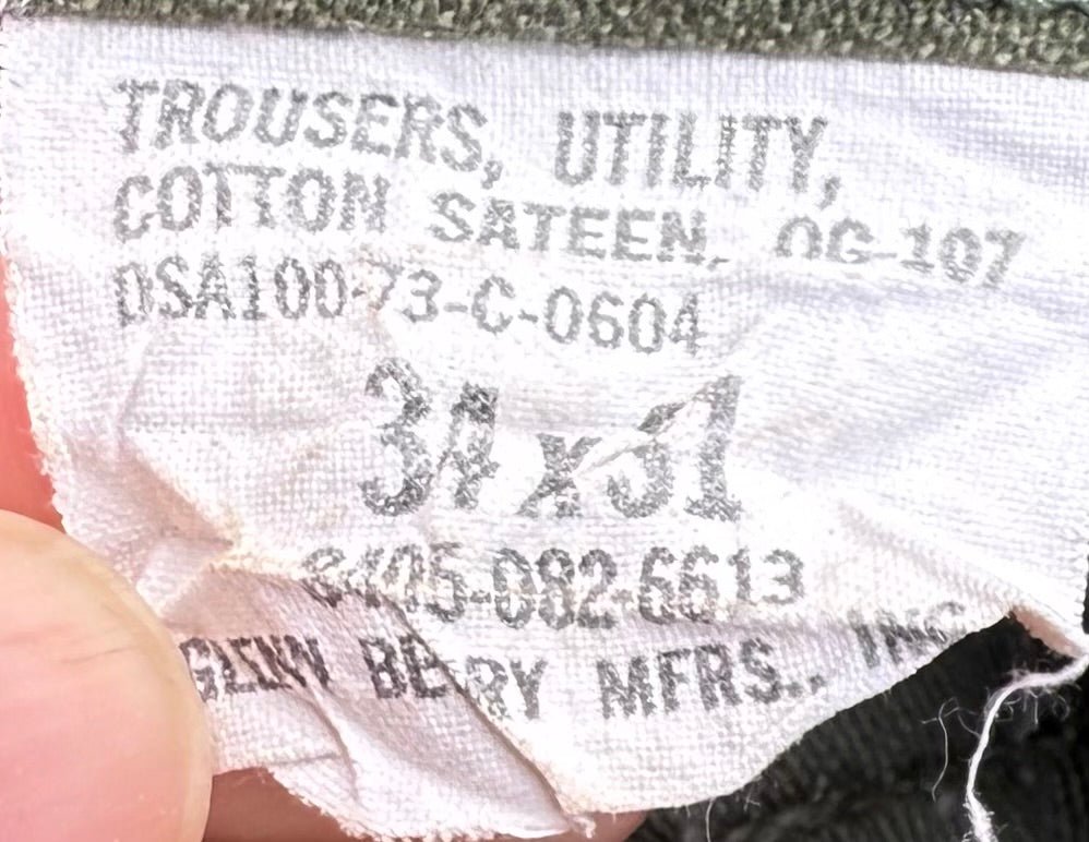 US Army Utility Trousers Sateen OG107 Vietnam Dated 1973 Size 34x31 Starched