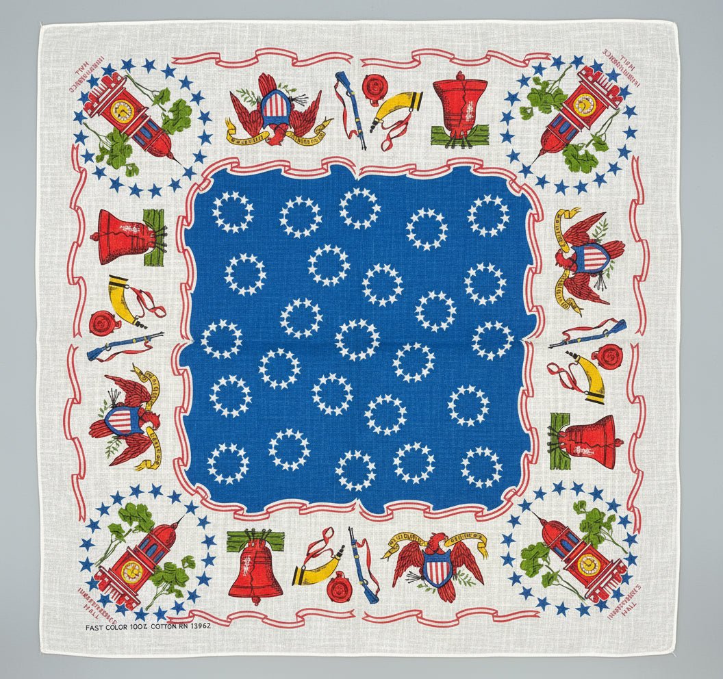Vintage Fast Color Bicentennial Bandana Scarf Independence Hall Cotton White & Pin - Bateleur Militaria