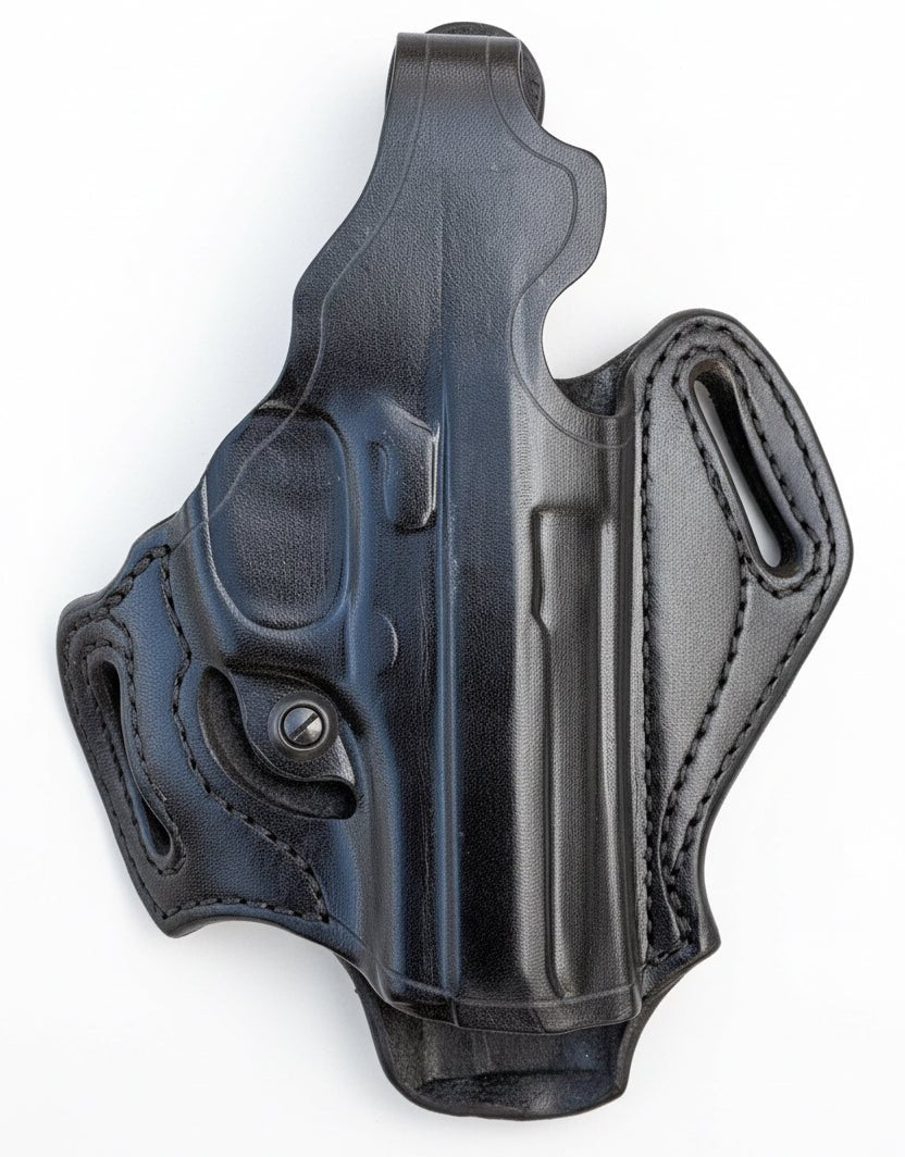 Black leather gun holster on a white background