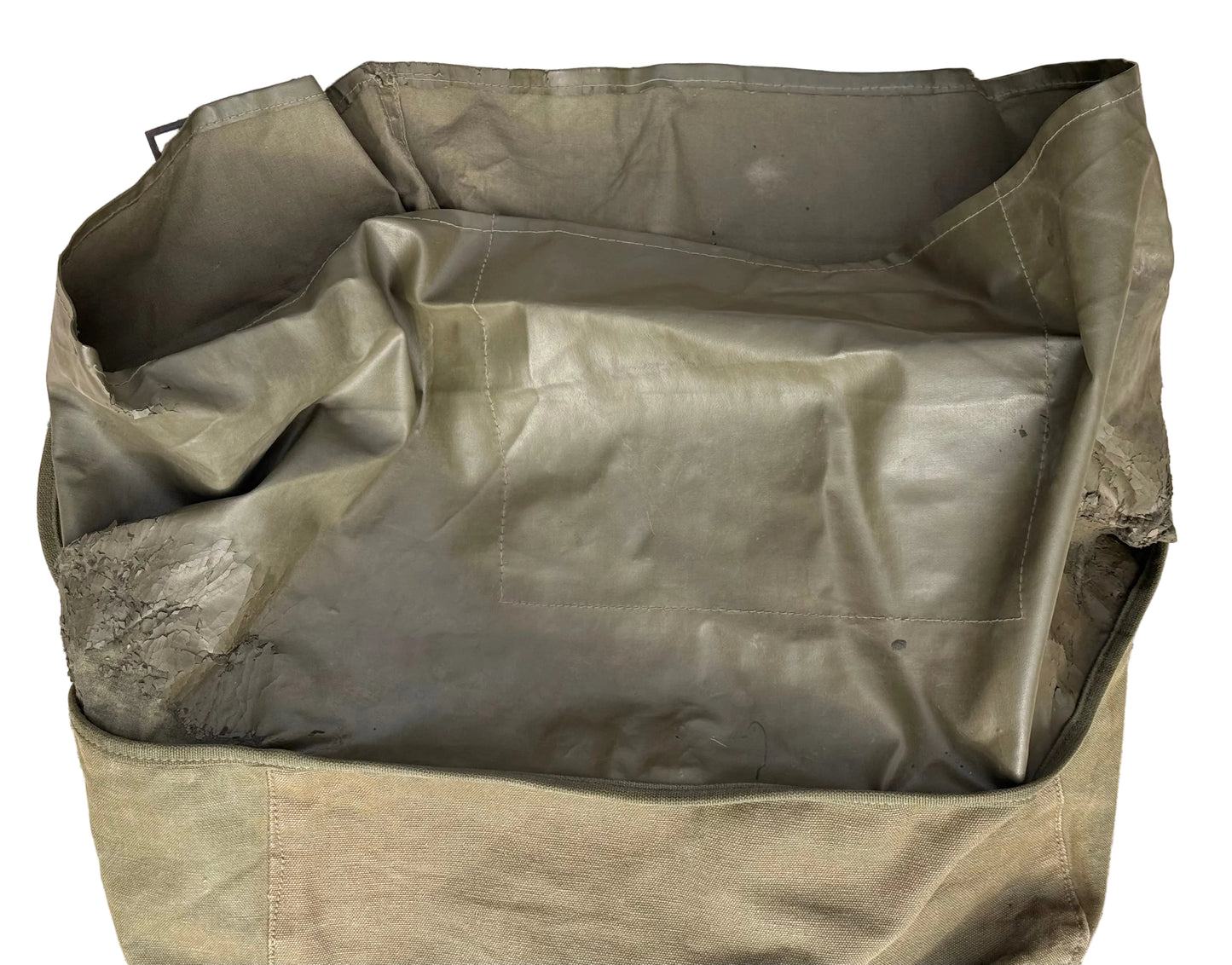 An olive green canvas utility bag or duffel-style sack shown from above on a concrete surface.