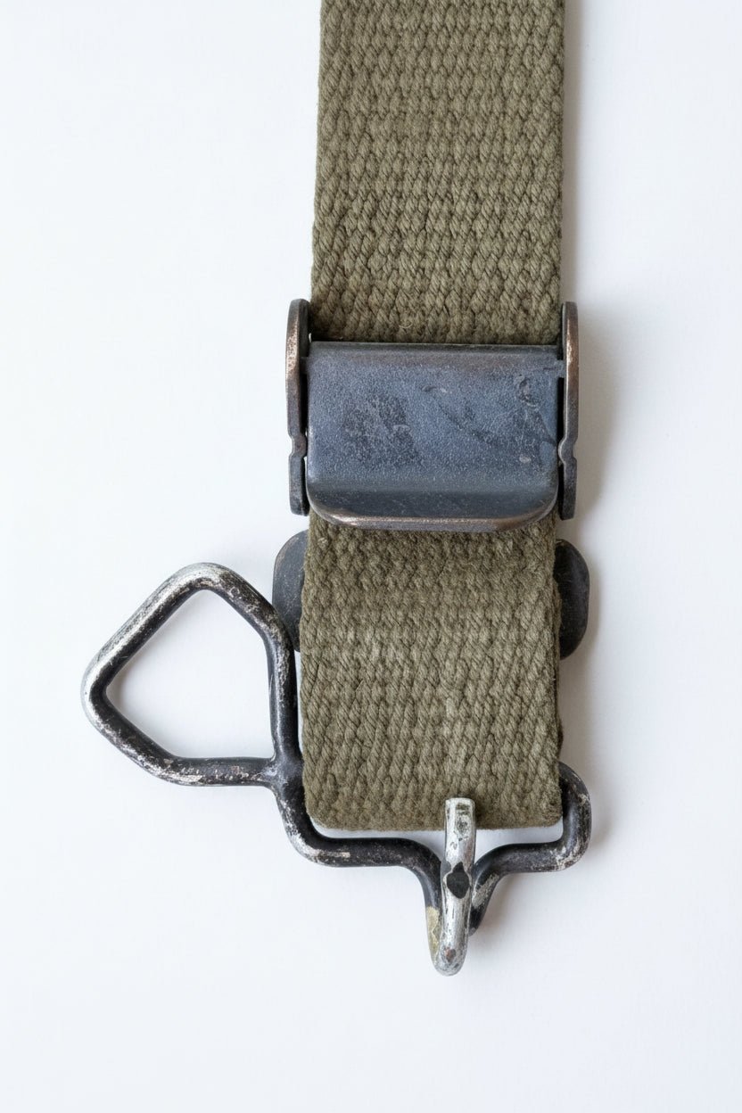 Close-up of an olive green canvas strap with a dark metal buckle and a triangular metal loop, set against a textured pink background.