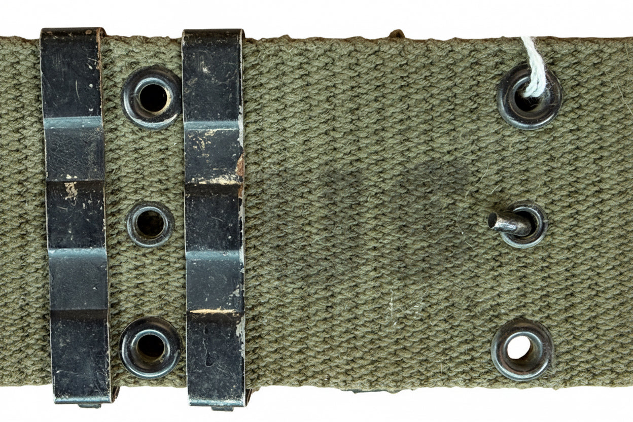 Close-up of a textured olive green canvas strap with black metal grommets and a red fabric backing.