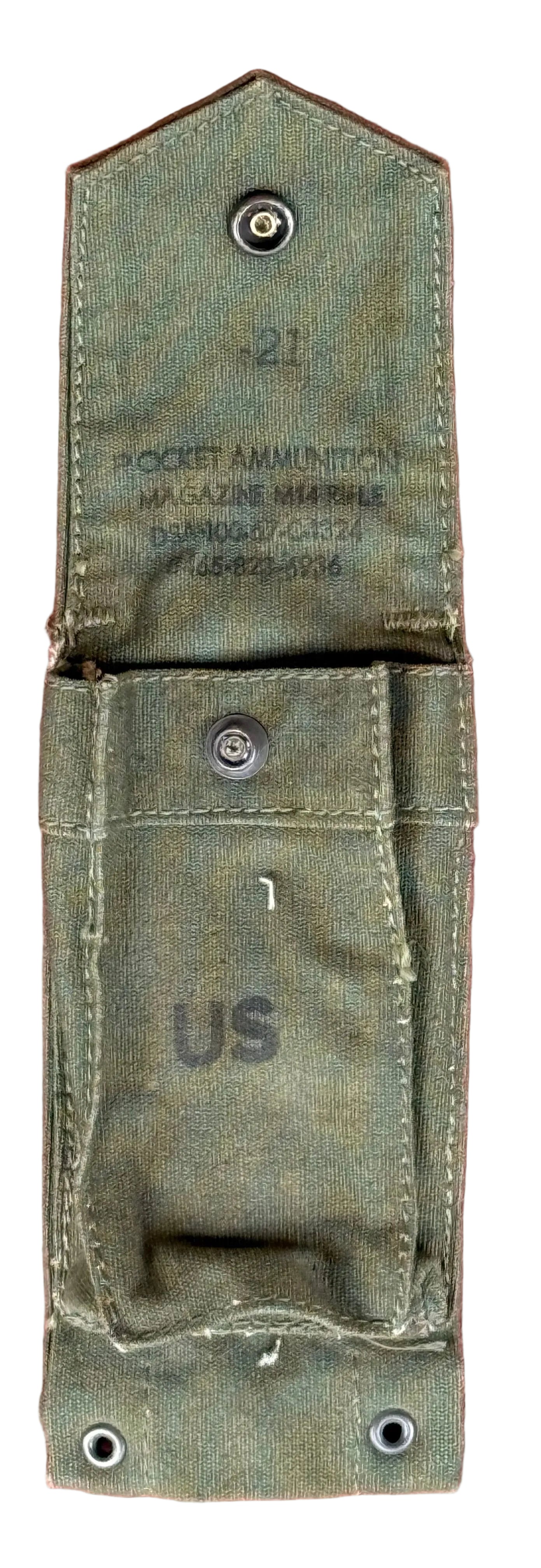 An olive drab green canvas military pocket ammunition magazine pouch with metal snap fasteners and stamped 'US' text, shown against a textured red background.