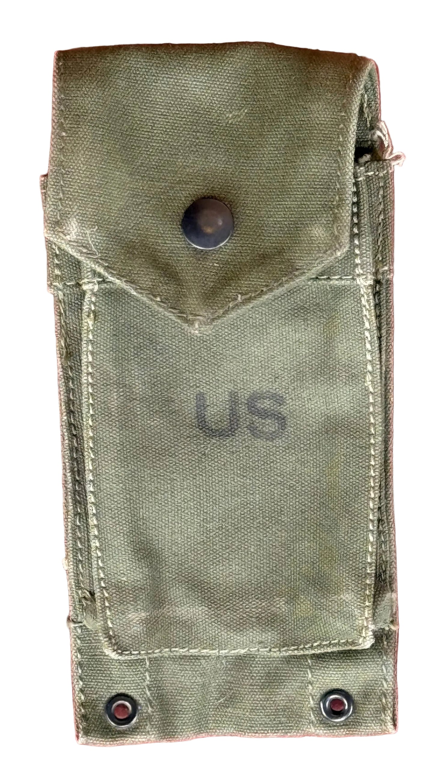 An olive drab canvas utility pouch with a snap button closure and 'US' printed on the front, set against a textured pink background.