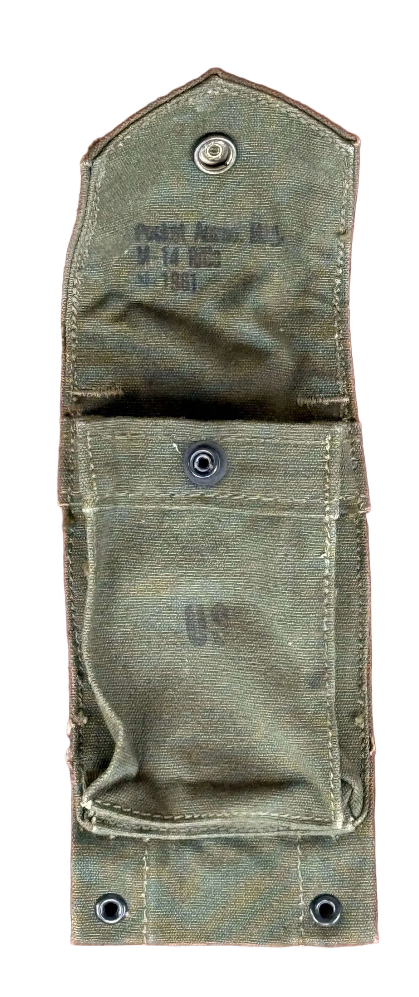 An olive drab green canvas military pouch with metal snap fasteners, photographed flat against a textured red background.