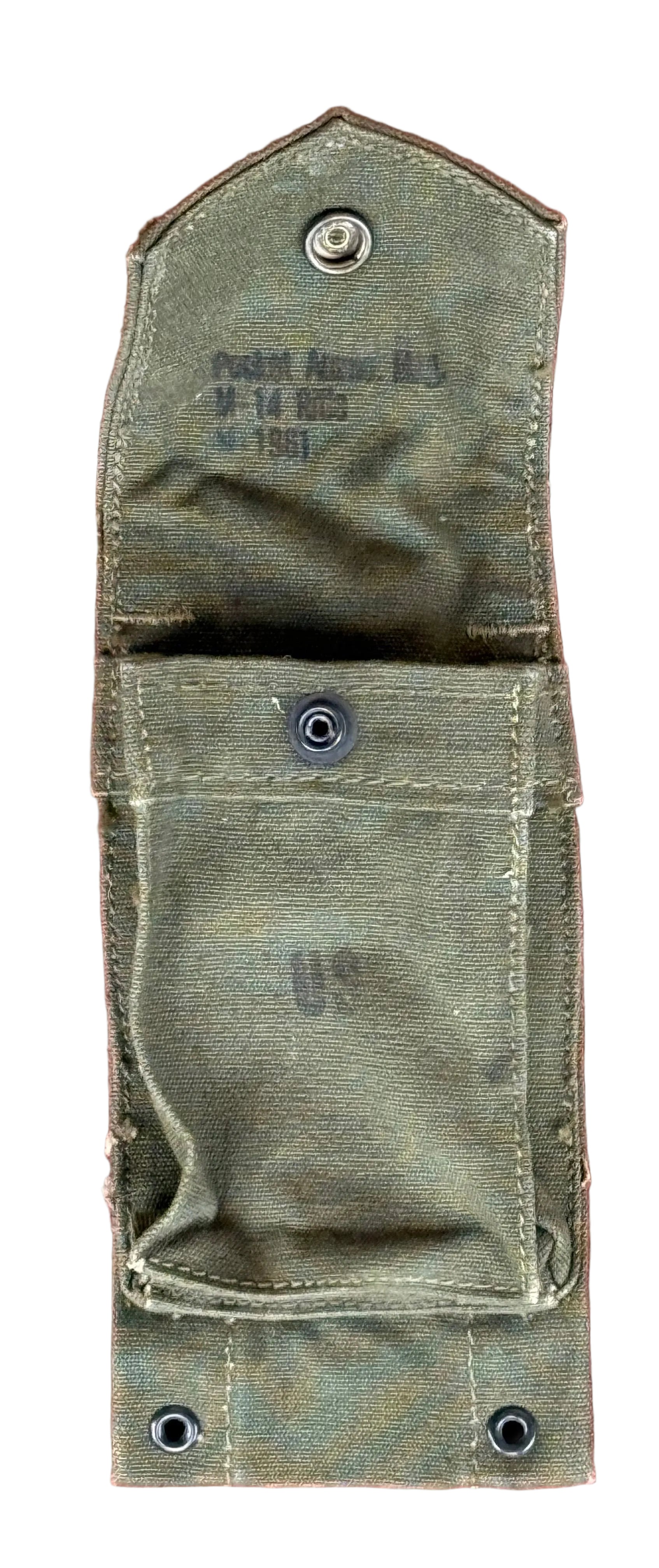 An olive drab green canvas military pouch with metal snap fasteners, photographed flat against a textured red background.