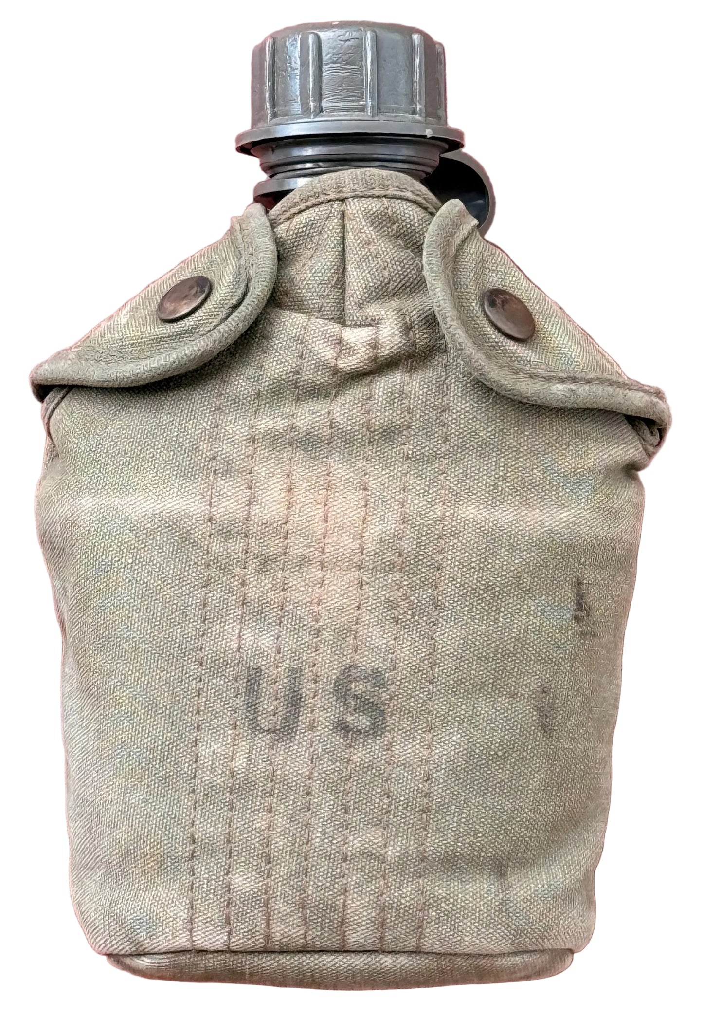 A vintage military canteen in a worn beige canvas pouch with a gray screw cap, set against a textured red-pink background.