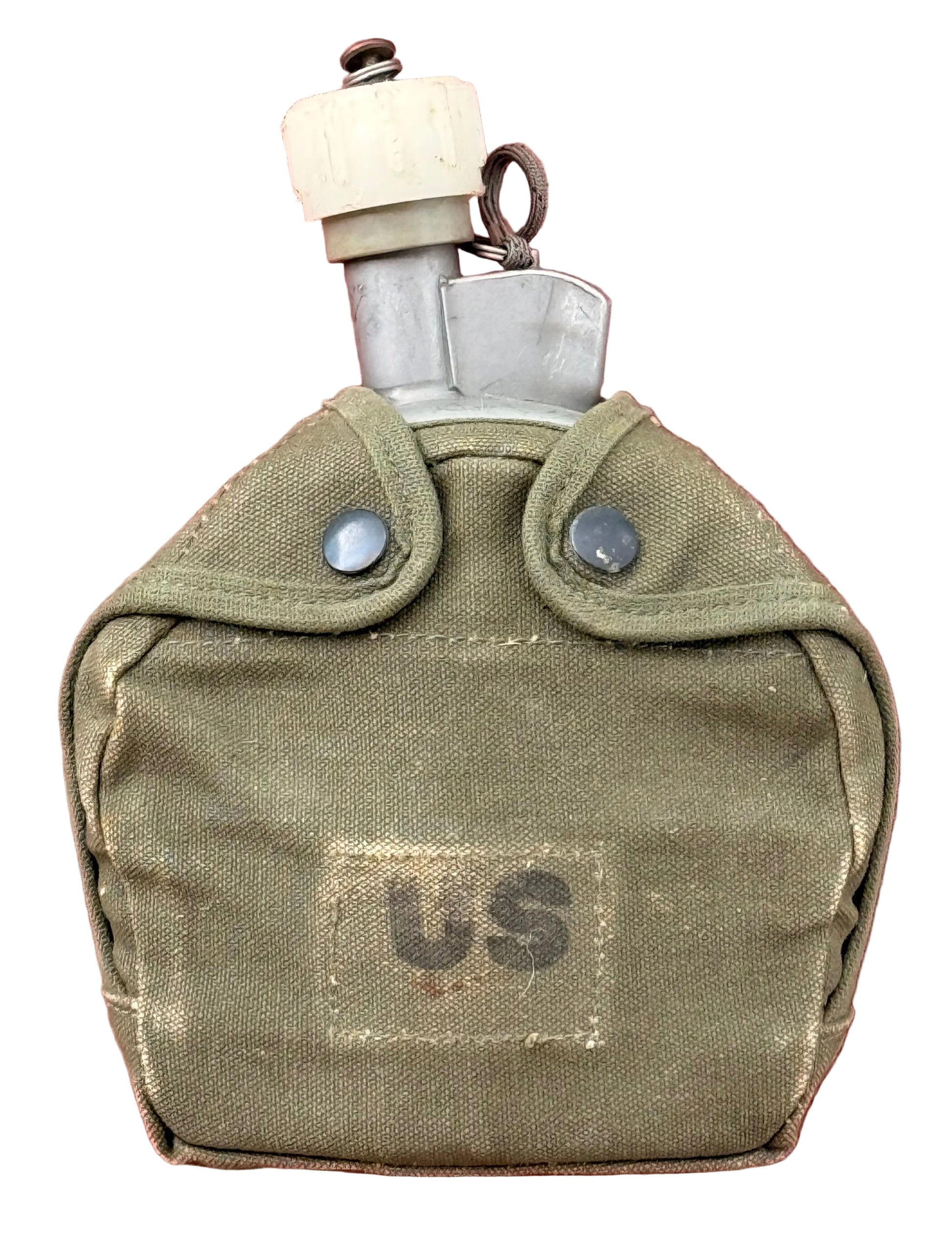 An olive drab green canvas canteen pouch with a silver metal canteen and a cream-colored cap, featuring a 'US' patch on the front, set against a textured red background.