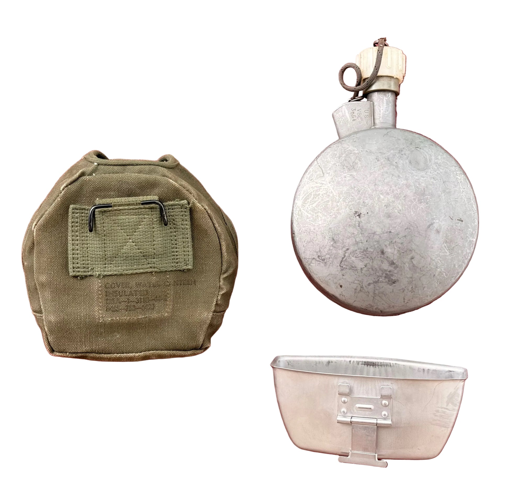A vintage military-style metal flask with a cream-colored cork stopper and a matching olive drab green fabric pouch, displayed on a textured red background.