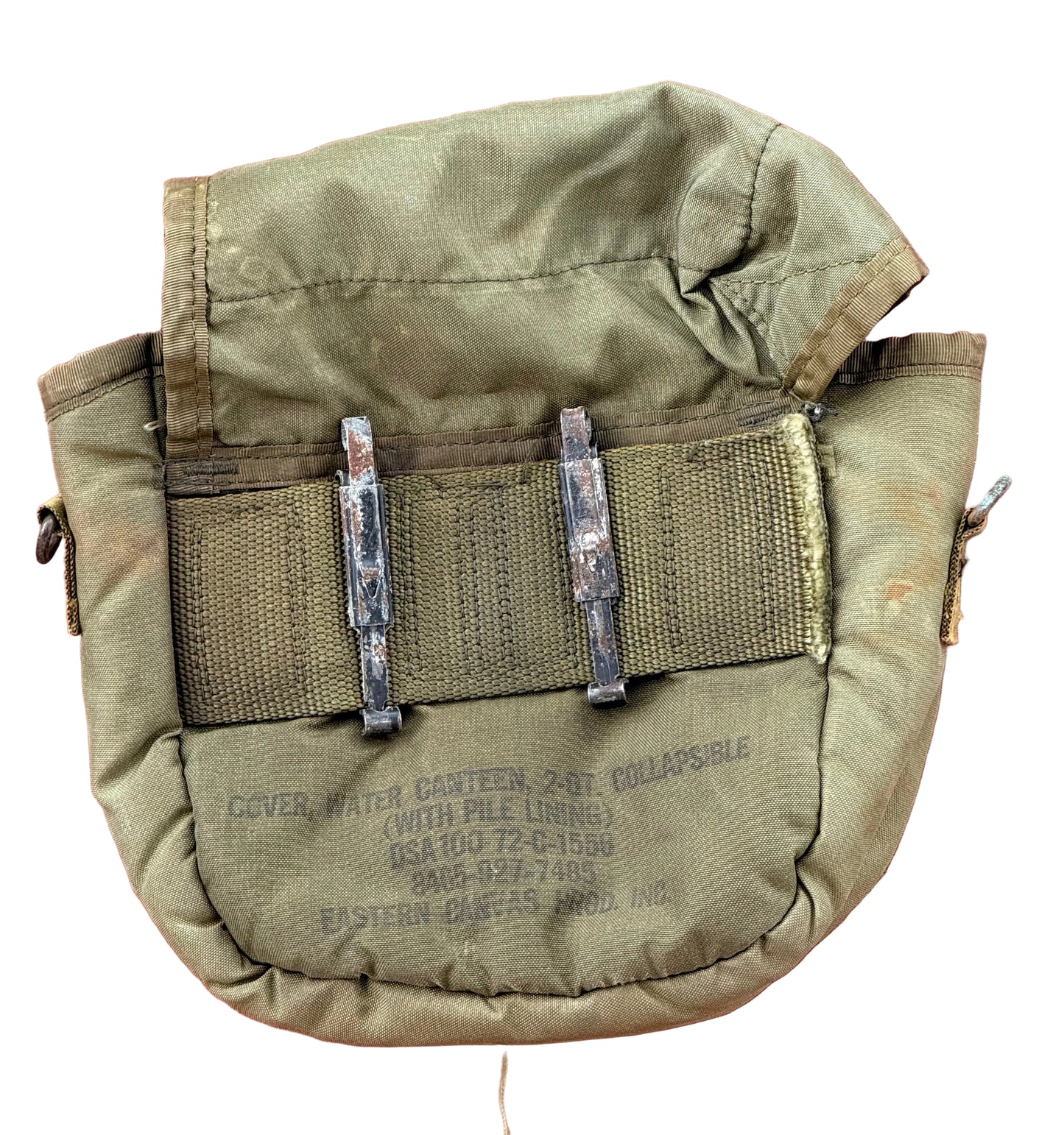 An olive drab green military water canteen pouch with two metal clips and printed text, shown against a textured red background.