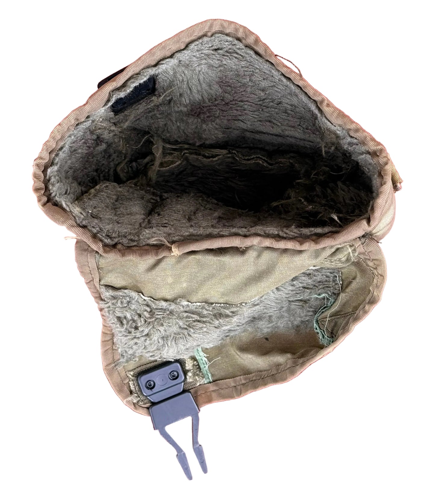 An open tan utility pouch with a gray-brown fuzzy interior lining and a gray plastic buckle, photographed against a textured pink background.