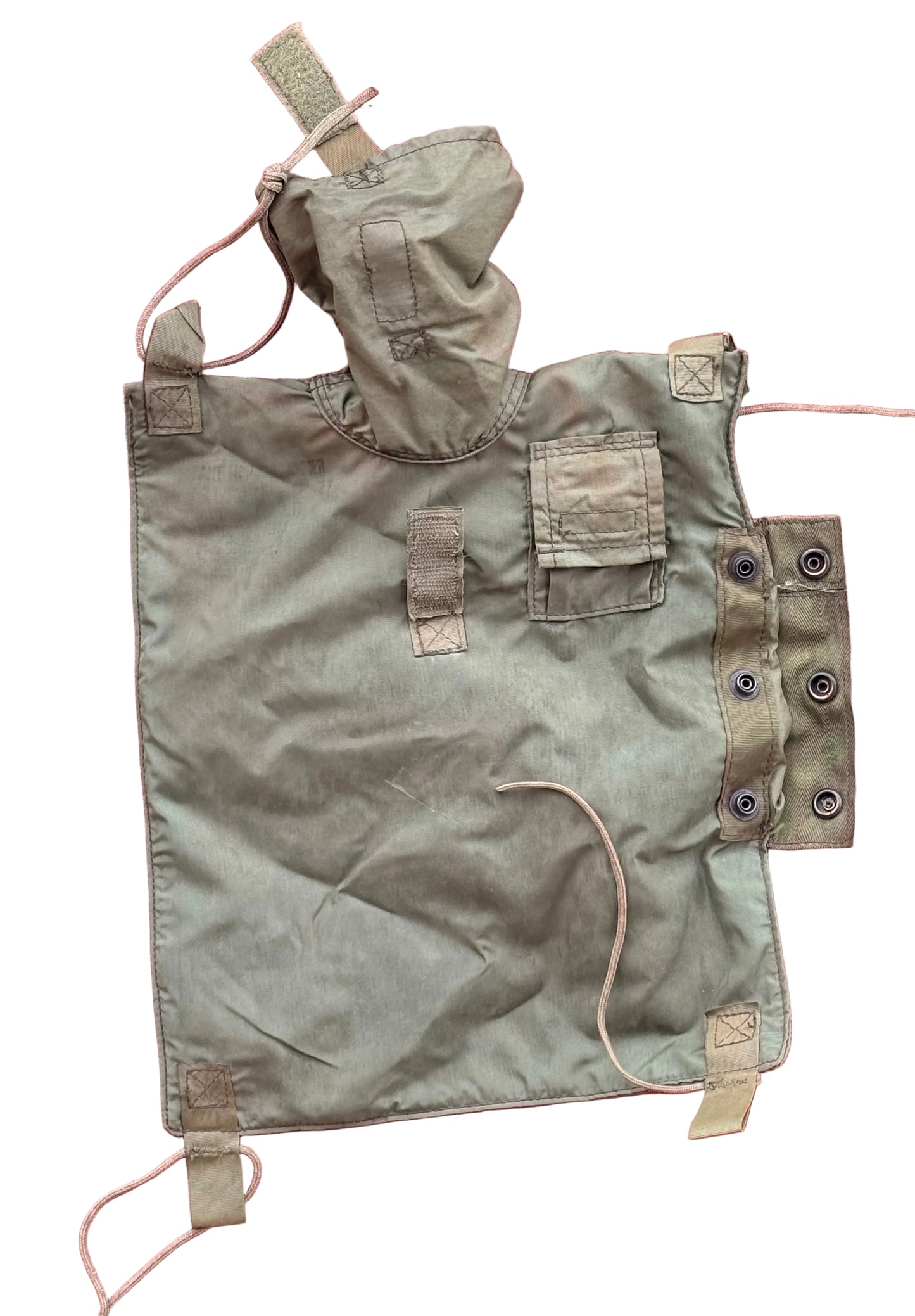 An olive drab military canvas utility pouch with a matching fabric hood, laid flat on a textured pink background.