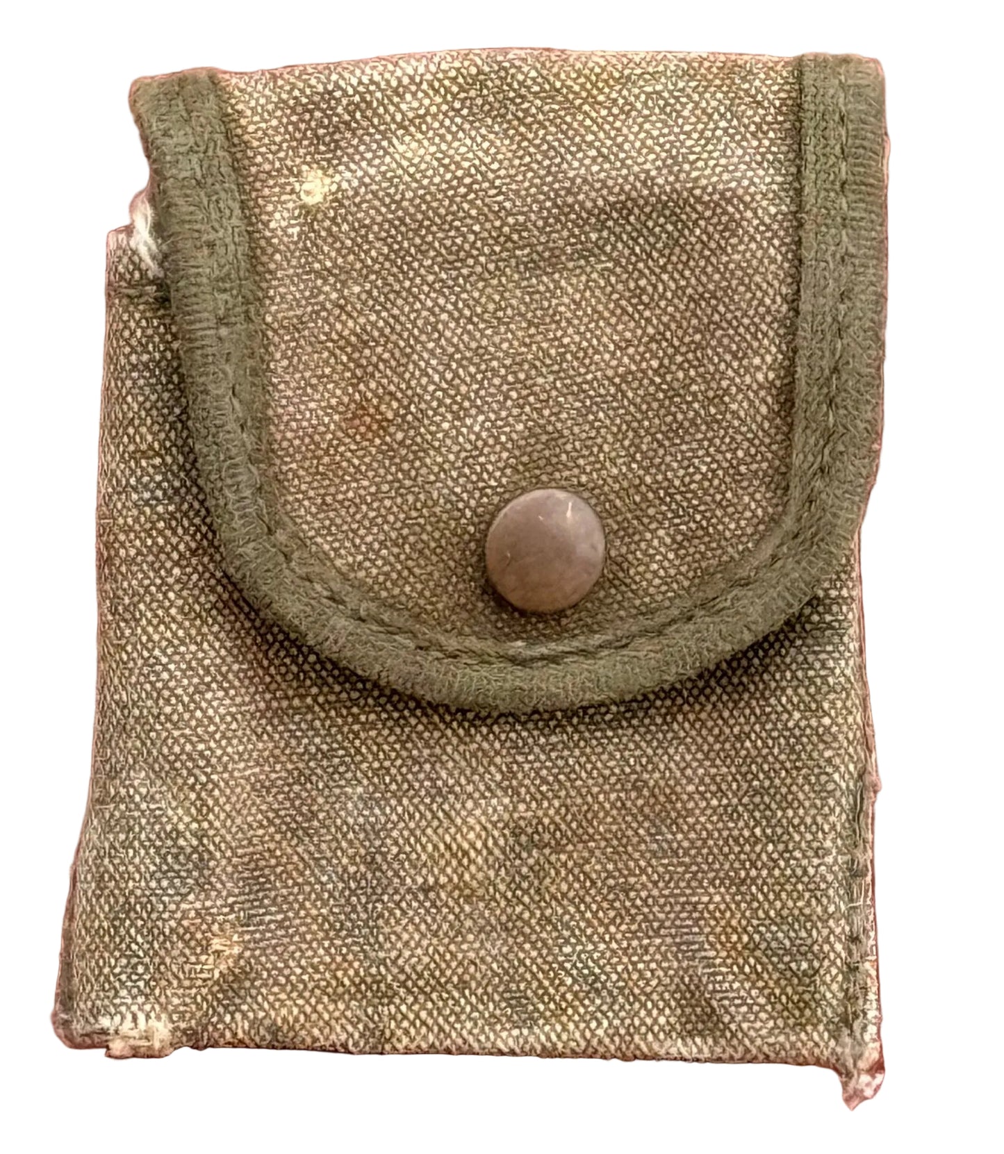 A small vintage canvas pouch with a button closure, shown against a textured red background.