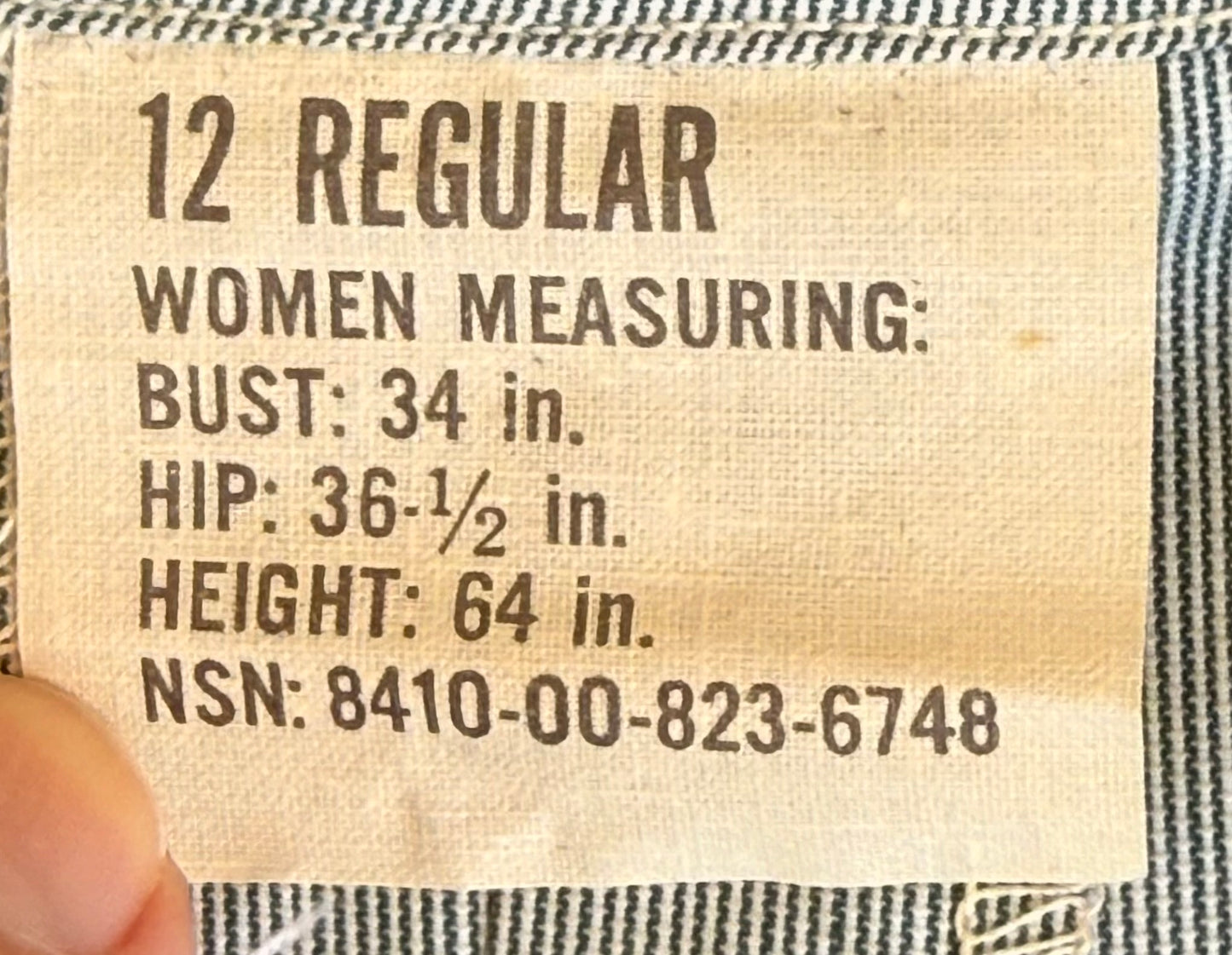 Close-up of a beige fabric size label reading '12 REGULAR WOMEN MEASURING: BUST: 34 in. HIP: 36-1/2 in.