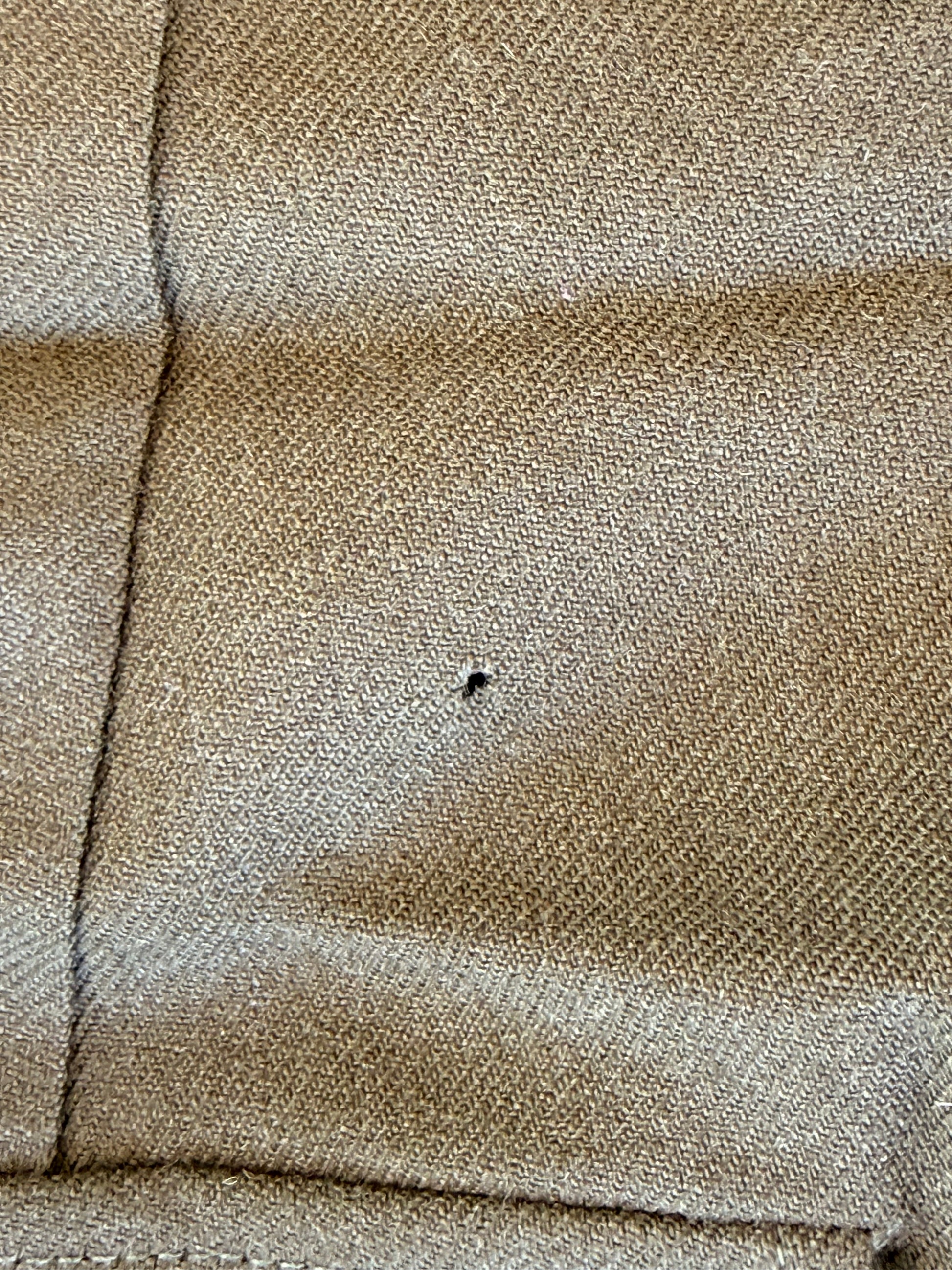 Close-up of a beige woven fabric with visible texture, a vertical seam, and a small dark speck or hole near the center.