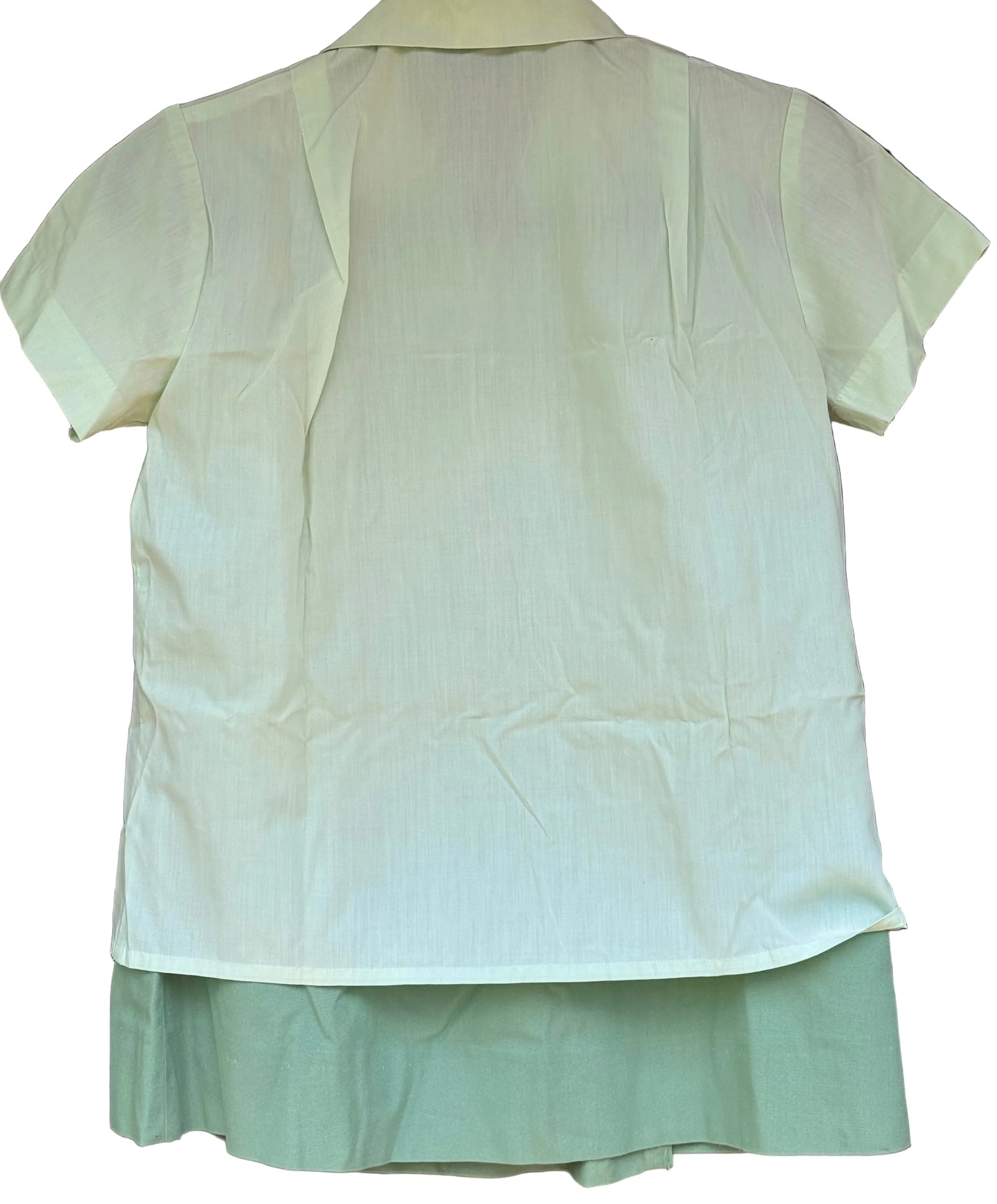A short-sleeve collared blouse shown from the back, hanging against a dark wooden hanger stand. The top layer is a very pale yellowish-green, and a second light sage green layer is visible underneath.