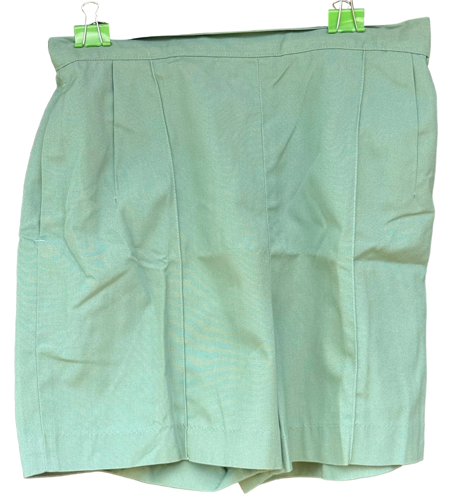 A light sage green pleated skirt hanging from a black hanger with two green binder clips, set against a dark brown carved wooden background.
