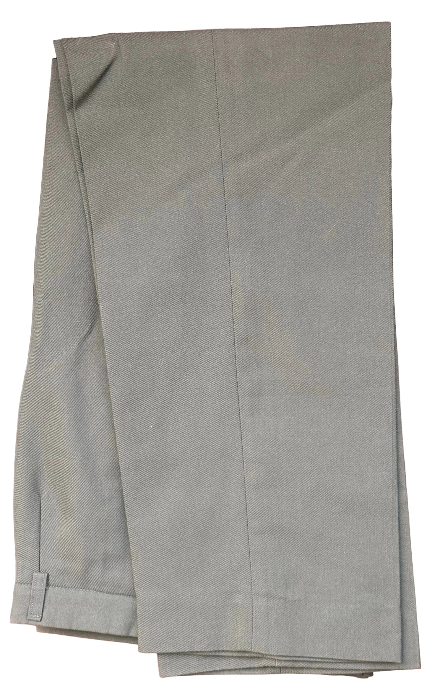 A pair of olive green trousers folded and draped over a black hanger, set against a dark brown wooden background with carved details.