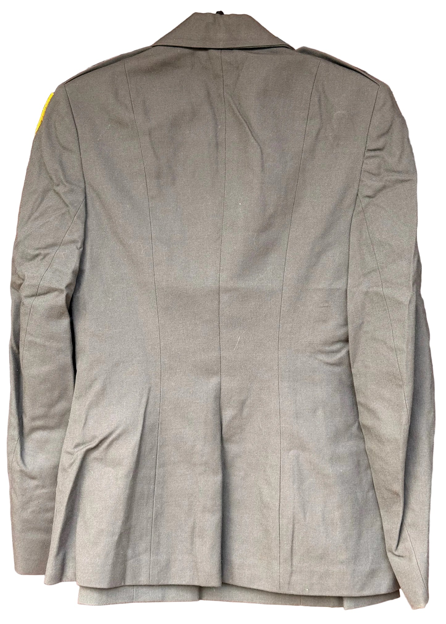 An olive green military-style blazer jacket shown from the back, hanging against a carved wooden background.